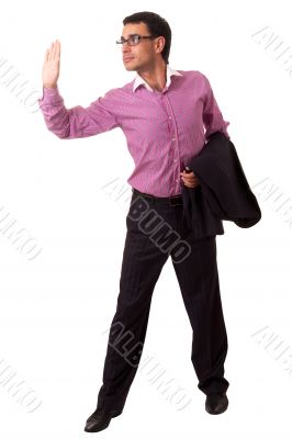 businessman standing against isolated white background
