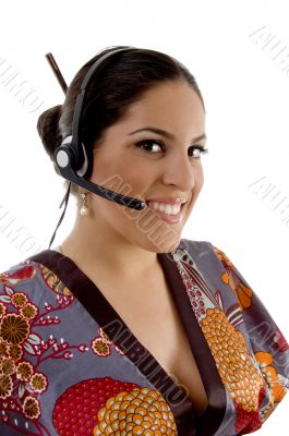 chinese call center female talking on microphone