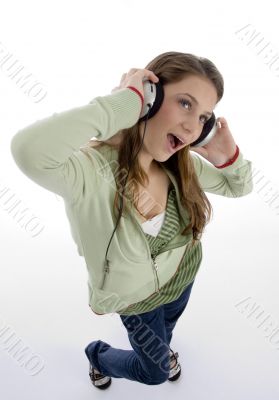 full body pose of attractive woman wearing headset