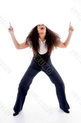 young pointing dancing woman