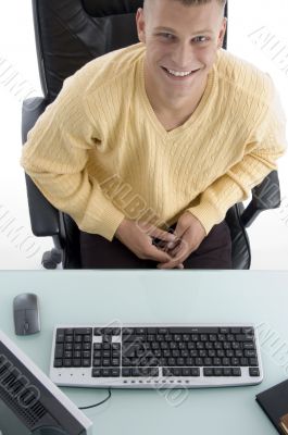laughing man looking upward
