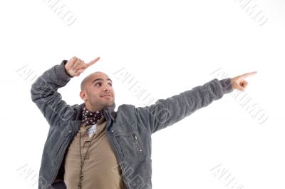 young man pointing sideways