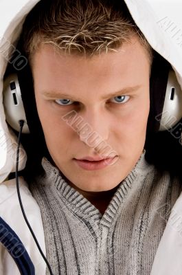man with headphone looking at you