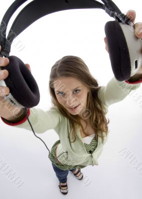 high angle view of female showing headset