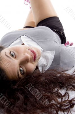 lying female looking at camera