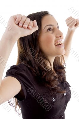 happy young woman looking upward