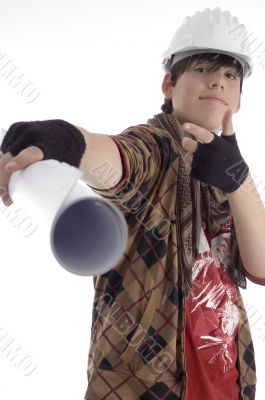 young architect showing paper roll