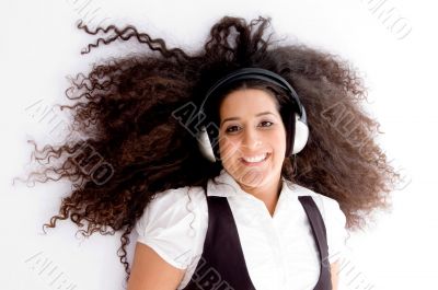 happy female enjoying music track