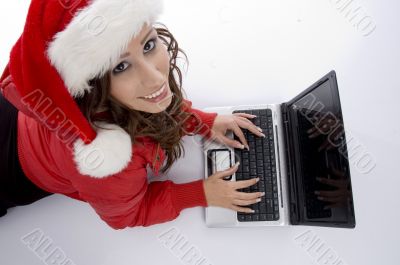 high angle view of woman with laptop
