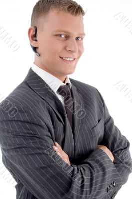 close view of young executive with blue tooth