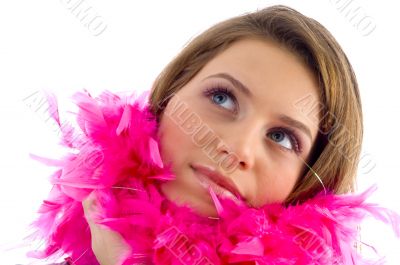 beautiful female wearing feather stole