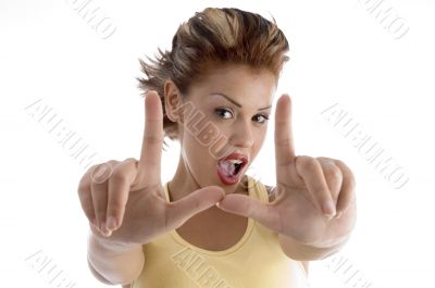sexy model making directing hand gesture