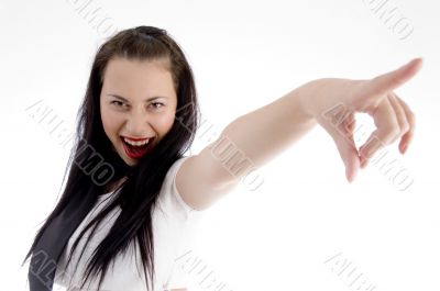 attractive woman pointing towards