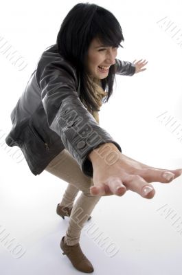 woman posing with open palms