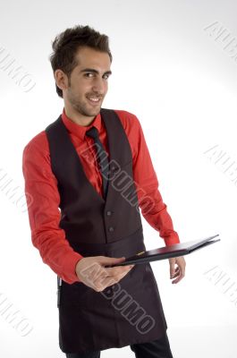 happy man holding bill folder