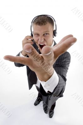 man shouting on phone call