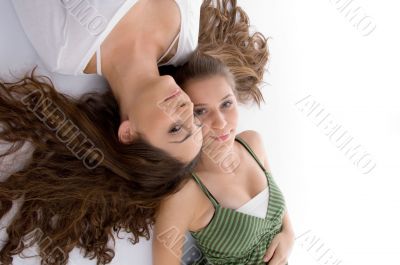 close up view young two cute friends
