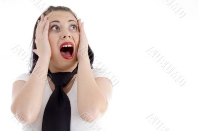 surprised woman looking upwards