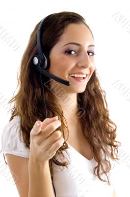 call center female pointing at camera