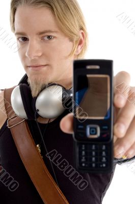 smart guy with bag and showing his cell phone