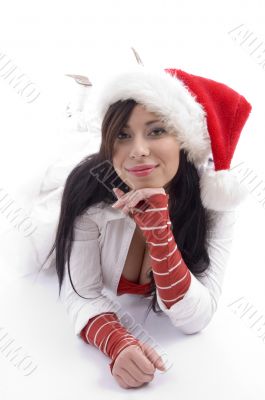 woman lying on the floor and wearing hat