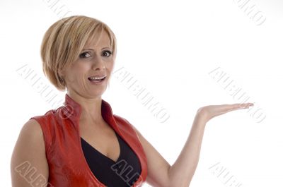 smiling woman showing palm