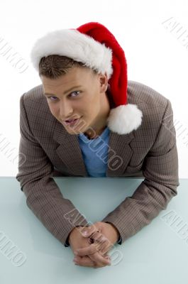 high angle view of young man with christmas hat