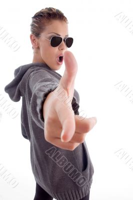 gorgeous female model pointing