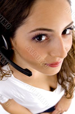 call center woman looking at camera