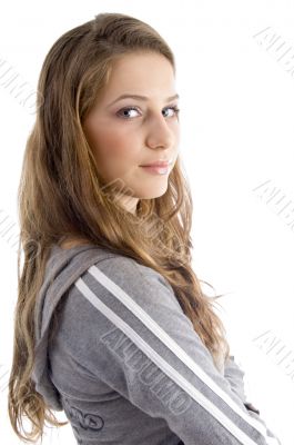 side pose of female looking at camera