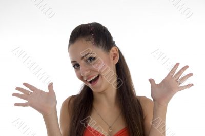 smiling girl showing her palms