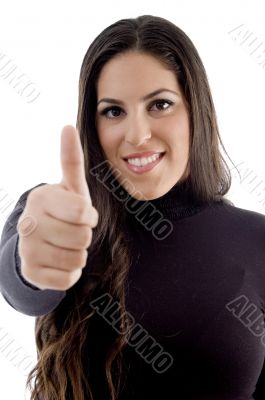 smiling model with thumbs up