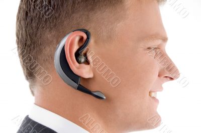 close up view of man wearing headset