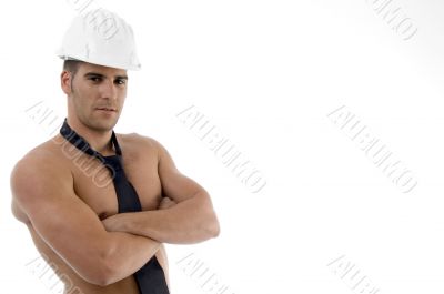 side view of muscular man with architect helmet