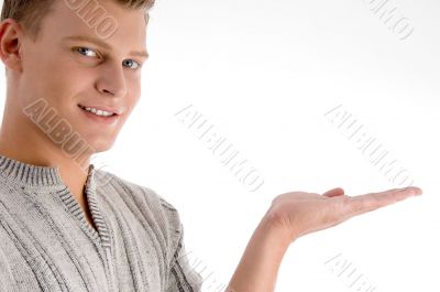 smiling man with open palm