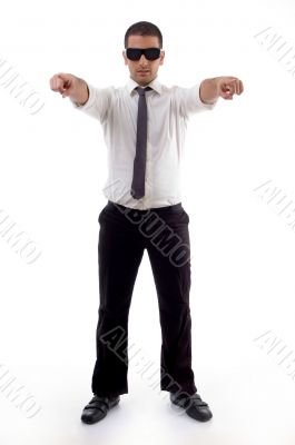 standing professional man pointing with both hands