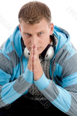 sitting man with headphone