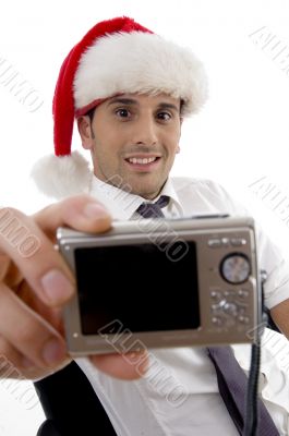 photographer man showing his digital camera