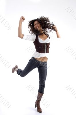 full body pose of happy young female