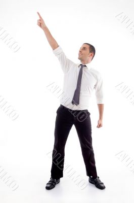 standing professional man pointing up