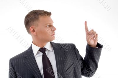 portrait of businessman looking finger