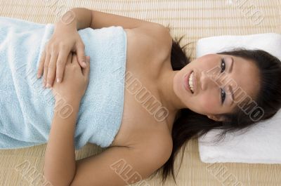 high angle view of smiling woman going