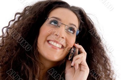 friendly woman busy with phone call