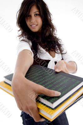 young female showing her books