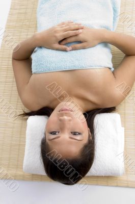 high angle view of laying woman