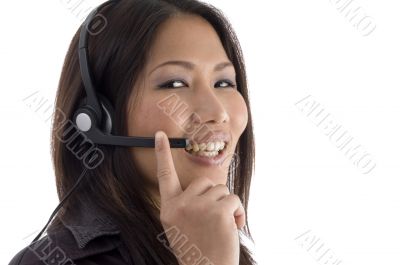 smiling female with headphone