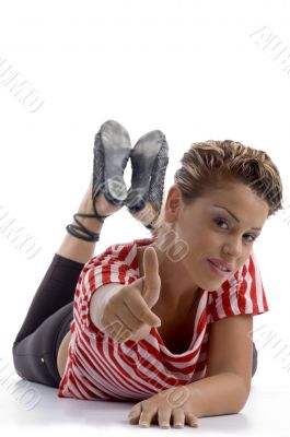 pretty model showing thumbs up
