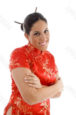 smiling female with folded hands
