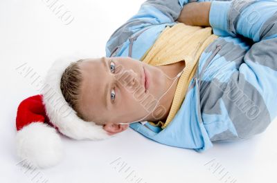 high angle view of man with christmas hat