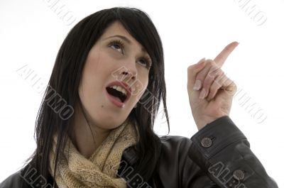 female with pointing finger